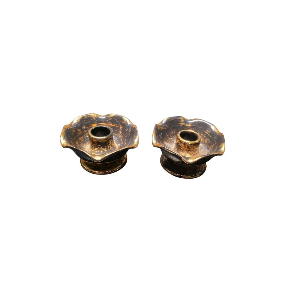 Two Vintage Stangl Black Gold Ruffled Candleholders